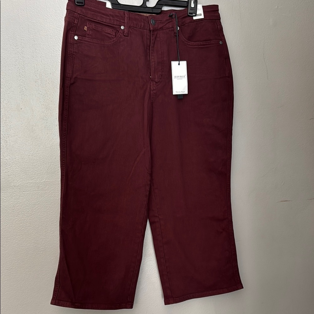 Judy Blue JB88752 Oxblood High Waist Tummy Control Wide Leg Crop 14W NWT